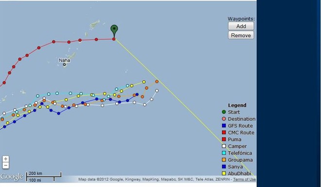 Fleet positions as at 25 February 2012 at 0900 GMT. Puma is at the rear of the fleet, but sailing substantially faster than the other five competitors. Camper, the leader on this leg, has been forced to sail the most northerly course of the six boat fleet - and is sailing away from NZ in search of stronger winds © PredictWind.com www.predictwind.com